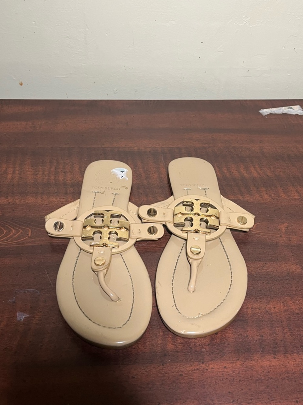 Tory Burch Beige Patent Logo Thong Sandals